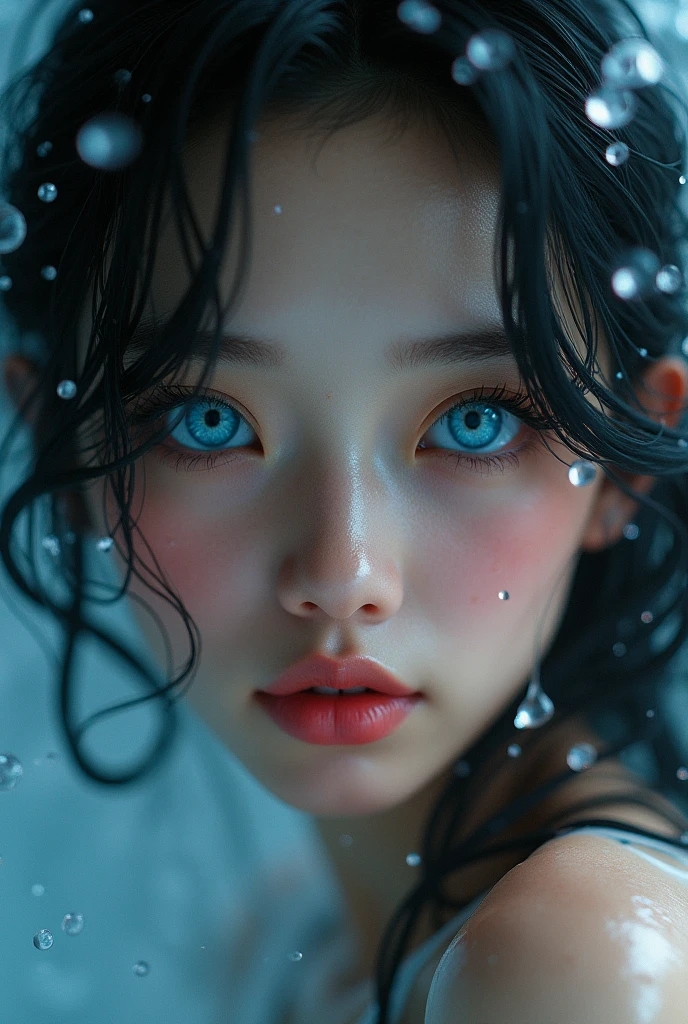 A close-up of an extremely beautiful woman, with extremely blue and bright irises, surrounded by splashing water that reflects and refracts light. Her jet black hair falls elegantly around her face.. She has a small and delicate nose., and full pink lips that add a touch of sensuality to her expression. The look is captivating and deep, full of mystery and charm. Water drops create a dynamic and magical effect, while the background is soft and out of focus to focus attention on her stunning beauty.

