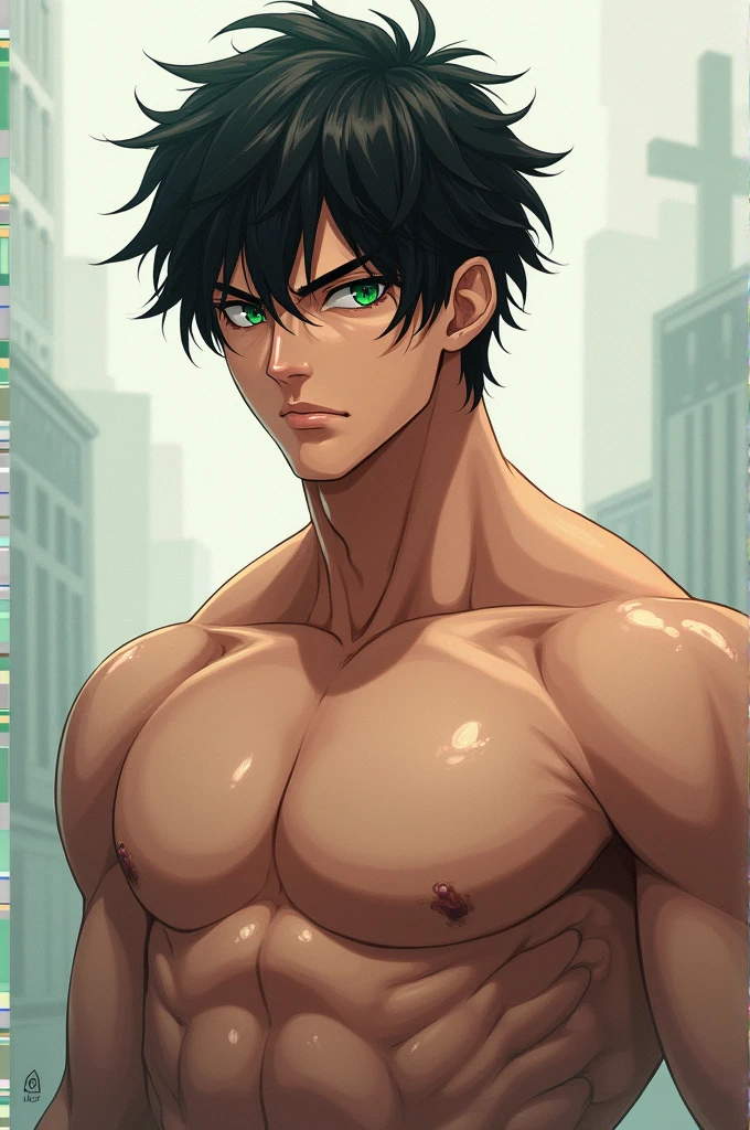 Anime shirtless, handsome, green eyes, black hair