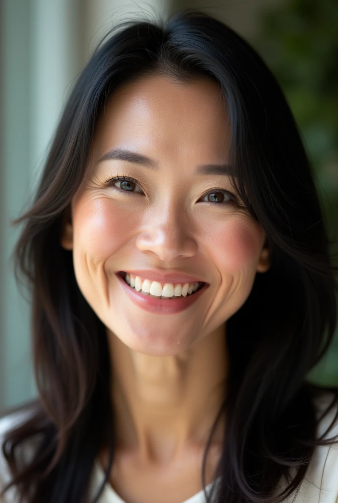 Woman with straight black hair smiling for a photo
