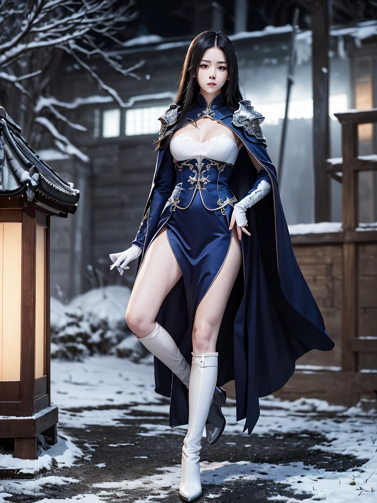 South korea walk women mystery hood up with modern royal Blue coat with long sleeves with buttons and royal Blue cape and very high white heel over the knee and white gloves, As she reveals a small secret hidden blade coming from his palm , adding to the character's mysterious and agile appearance, with small movements of air on the cape, in summer at night under the rain,medieval south korea house. sophisticated and highly detailed, ultra hd, realistic, hyper detailed, enhanced colours, ultra sharp focus, with vibrant, rich in details High quality, gorgeous, captivating, 8k, super detailed, stunning shadows, detailed lines, blood stain on coat and gloves, a recently dead person with their throat slit