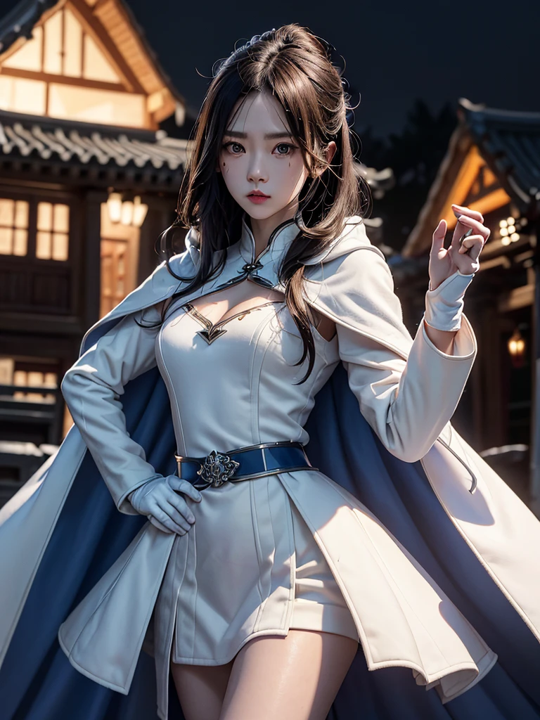 South korea walk women mystery hood up with modern royal Blue coat with long sleeves with buttons and royal Blue cape and very high white heel over the knee and white gloves, As she reveals a small secret hidden blade coming from his palm , adding to the character's mysterious and agile appearance, with small movements of air on the cape, in summer at night under the rain,medieval south korea house. sophisticated and highly detailed, ultra hd, realistic, hyper detailed, enhanced colours, ultra sharp focus, with vibrant, rich in details High quality, gorgeous, captivating, 8k, super detailed, stunning shadows, detailed lines, blood stain on coat and gloves, a recently dead person with their throat slit
