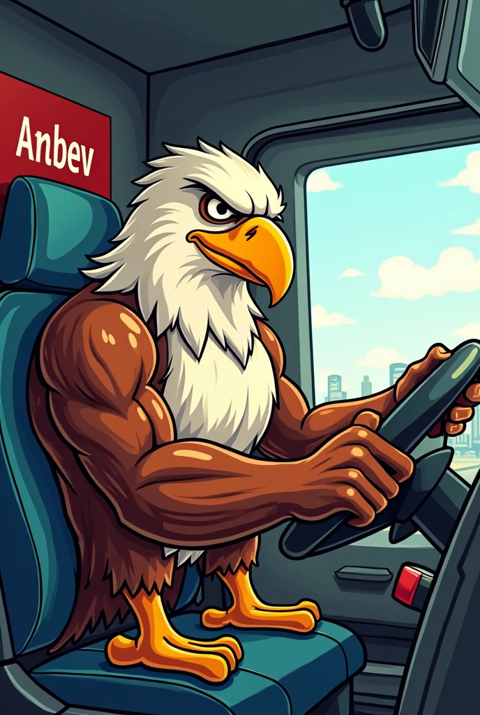 Generate a cartoonish image of a muscular eagle driving an AmBev truck