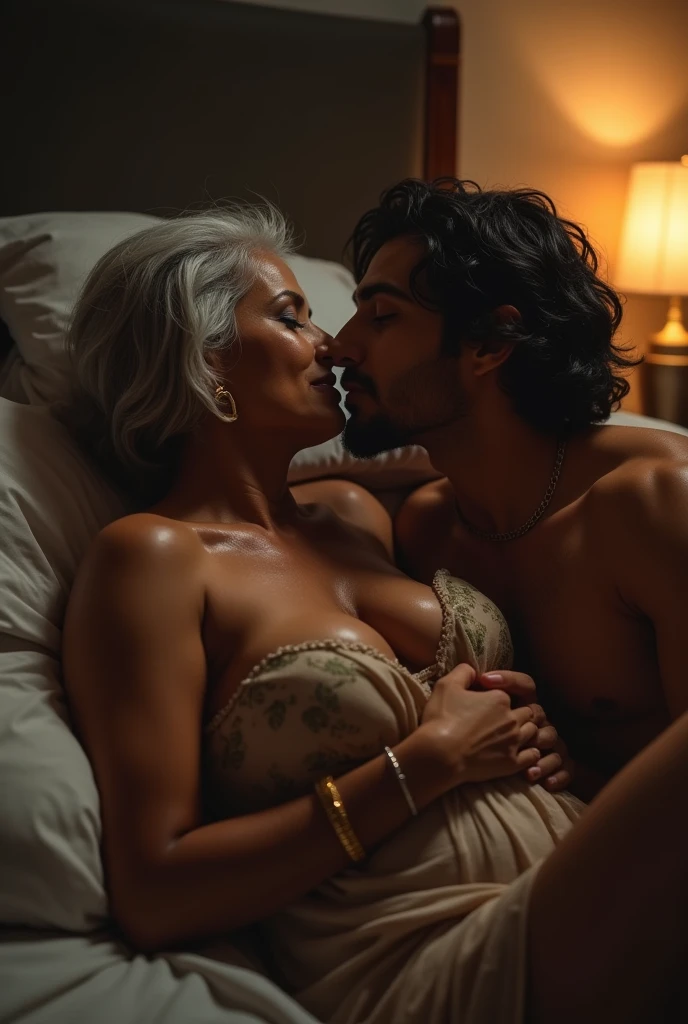 Photo of Hot Indian lady with Dark skin , Large Breasts, Lying nude on Bed and Kissing a old man, Dim lamp lit in the room.