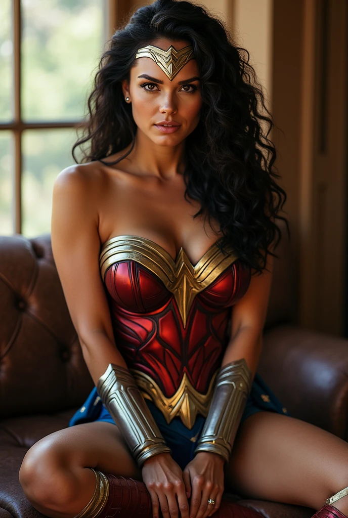 A brunette gal gadot wonder woman with curly hair and big breasts sits with her legs stretched out, taking a realistic photo