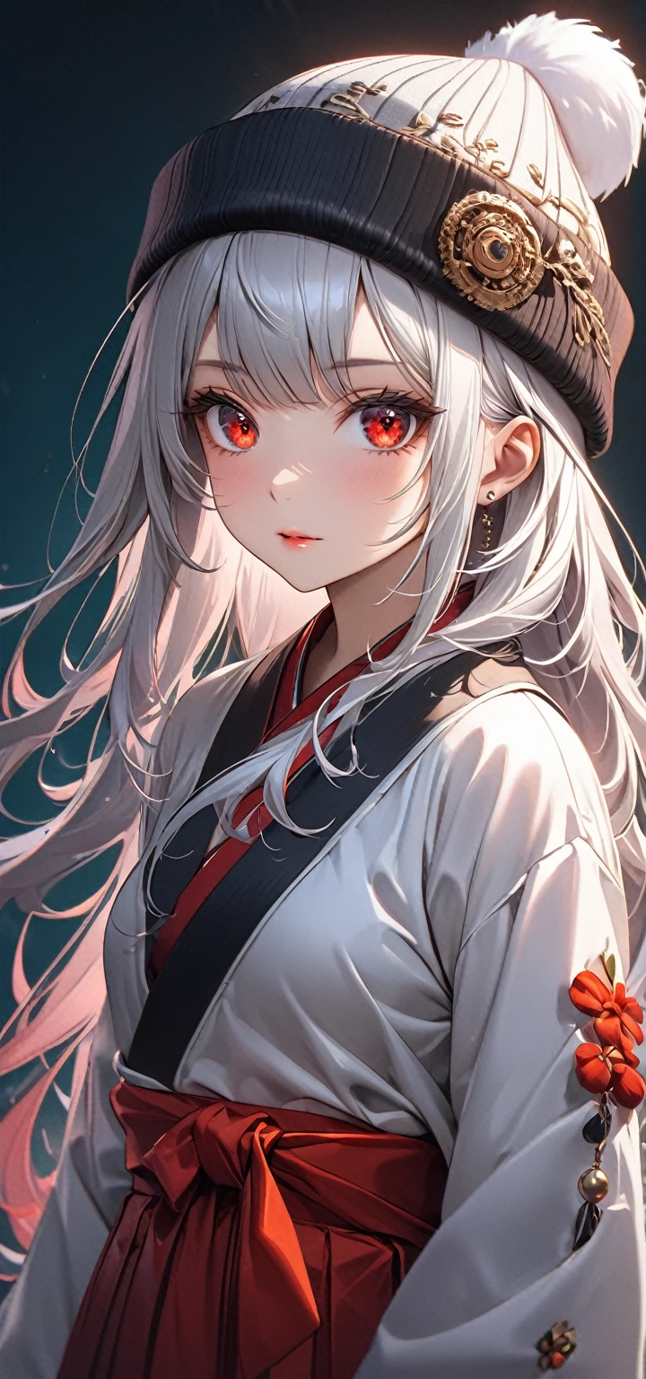 Ultra high resolution, rich colors, perfect image, best quality, detailed image, beautiful single woman, glowing skin, skin and clothing texture, delicate eyes, hakama, toque hat, long silver hair, red eyes