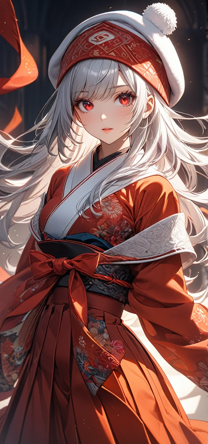 Ultra high resolution, rich colors, perfect image, best quality, detailed image, beautiful single woman, glowing skin, skin and clothing texture, delicate eyes, hakama, toque hat, long silver hair, red eyes