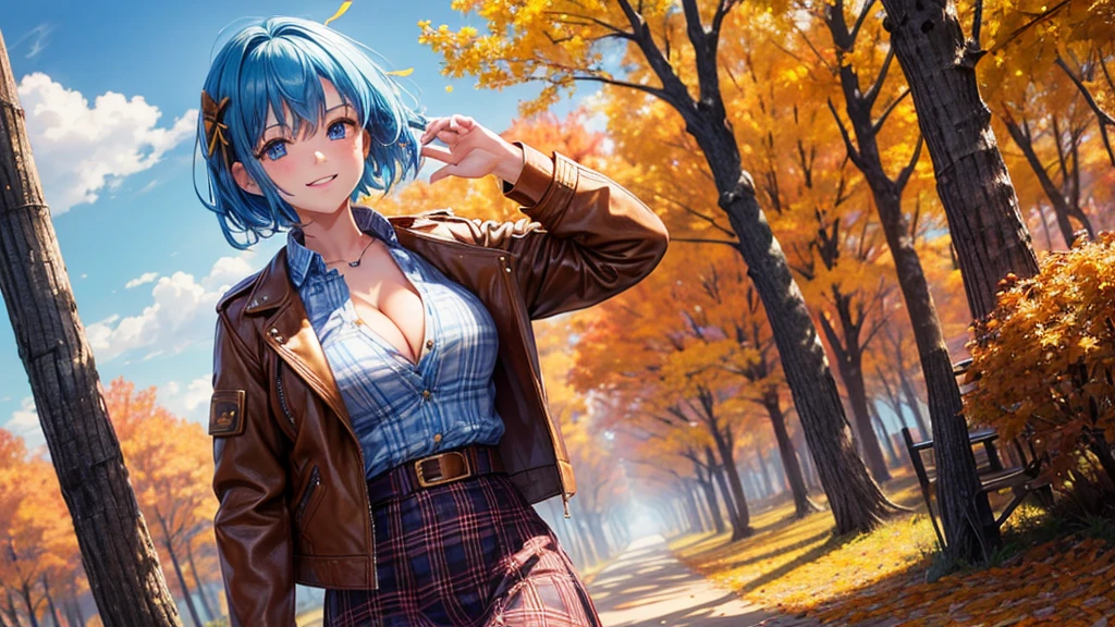 1girl, solo, trees, sun, clouds, autumn, colorful trees, falling leaves, ((blue hair)), short hair, large breasts, ((brown leather jacket)), button down shirt, ((blue checked shirt)), ((unbuttoned shirt)), unbuttoning buttons, ((full cleavage)), blue eyes, long skirt, brown boots, smile, happy, looking at the viewer, walking, upper view, hair ribbon, golden necklate