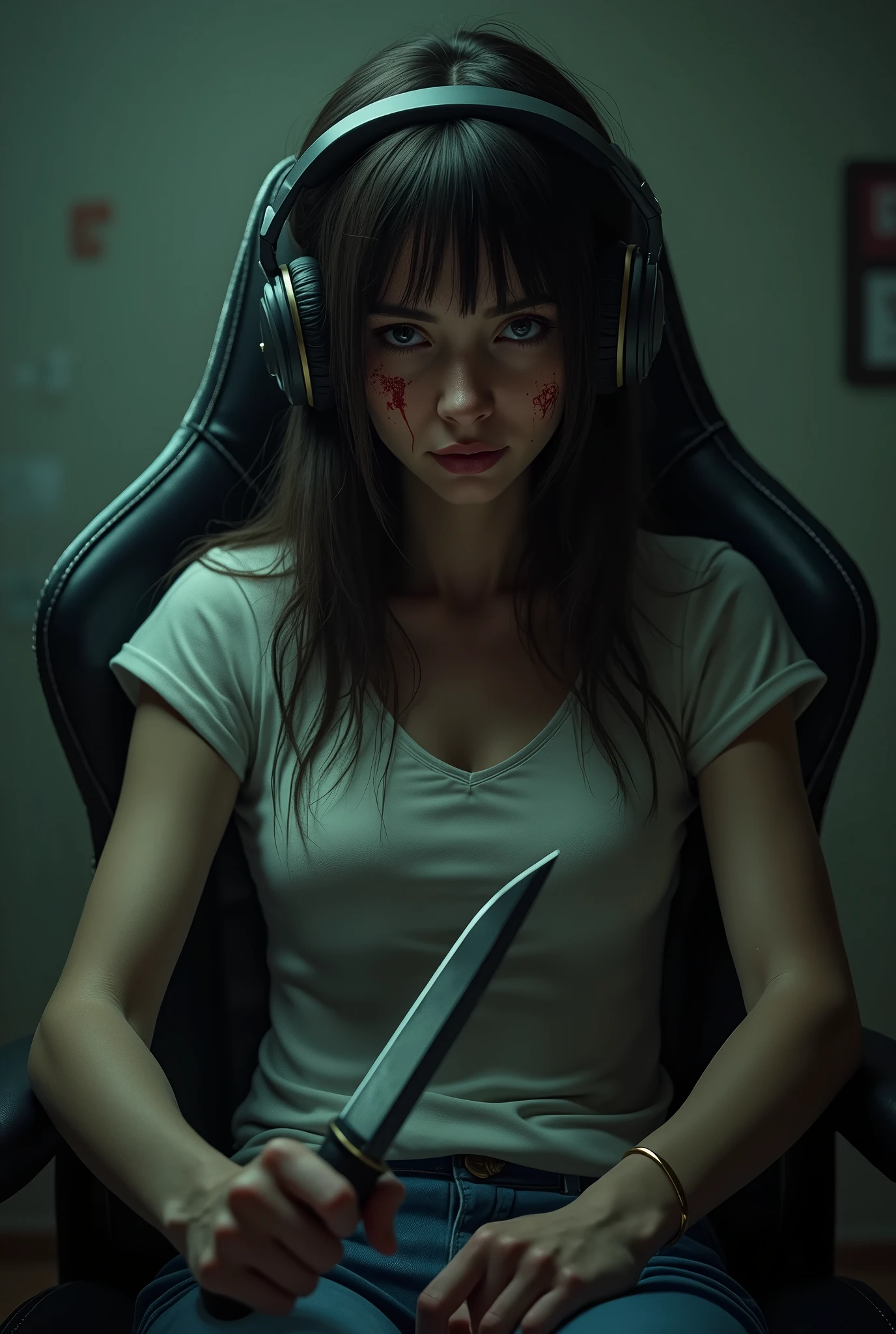 A woman holding a knife with a little blood on her face, wearing headphones, and sitting in a gaming chair