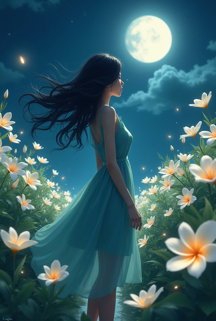 A girl with long wavy black hair wearing, a blue green dress looking back around the plantation of white plumeria flower at night time with fireflies 