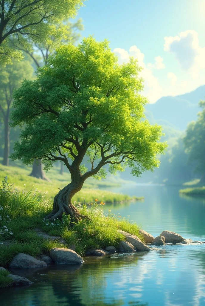 Generate a small tree fluroshing next to a river
