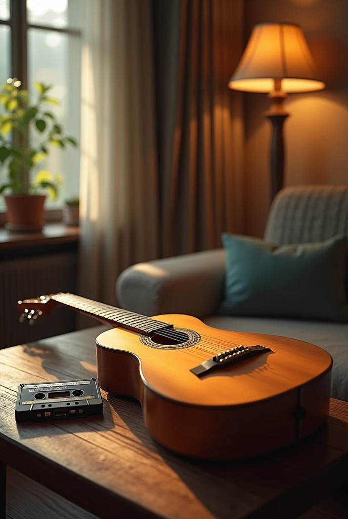 A classical guitar on a table in the living room and a cassette tape next to it
