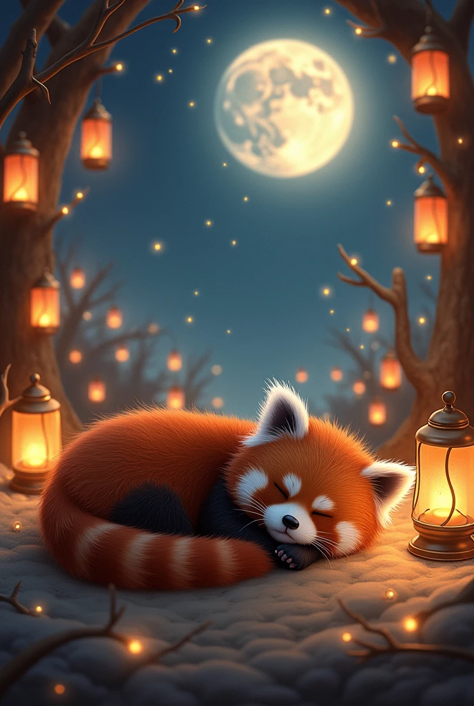 A little red panda sleeping with a fantasy feel。Sleeping on one's side。Soft Touch。There are lots of lamps and a warm atmosphere.。A big moon with lots of stars around。Fantastic atmosphere。