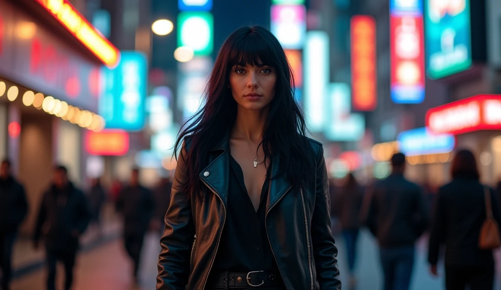 (masterpiece, best quality:1.2), (busy downtown street at night, illuminated by vibrant neon lights and bright city advertisements:1.4), (determined woman walking confidently, sharp focus:1.3), (black hair, straight, slightly swaying:1.3), (stylish yet practical clothing:1.3), (leather jacket, boots:1.4), (focused, unwavering expression:1.4), (crowded street, blurred people, background noise and distractions:1.3), (clear, straight path ahead:1.3), (slightly low-angle shot, emphasizing power and resolution:1.3), (8K, ultra-detailed, hyper-detailed, RAW photo quality, Unreal Engine rendering:1.3)
