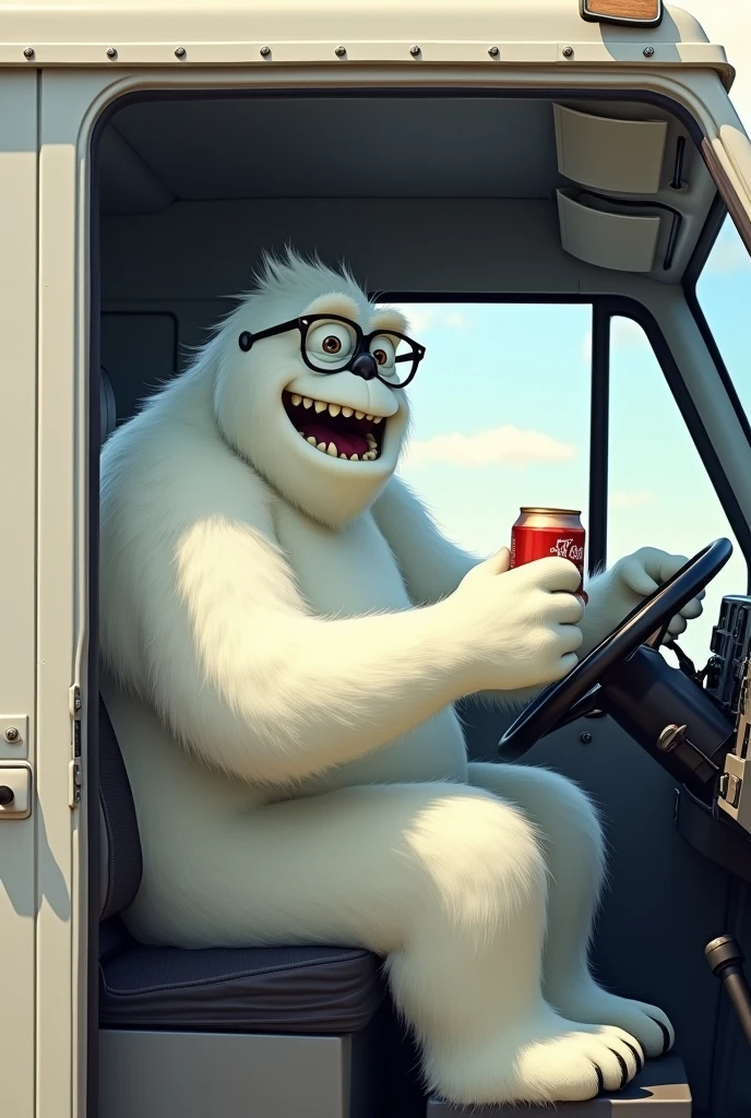 Create an image of the Abominable Snowman from Monster Inc with glasses driving a white van with a beer in his hand
