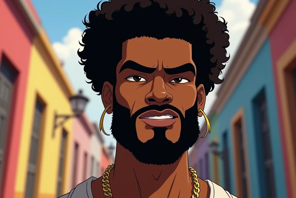 1man puerto rican ((dark skin)) gta style in old san juan beard afro nice edge up gold chains gold esrings face portrait((,animation))