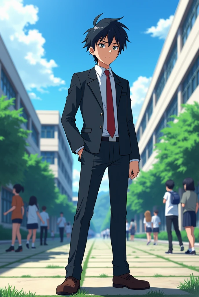 Create a male high school anime character with black hair