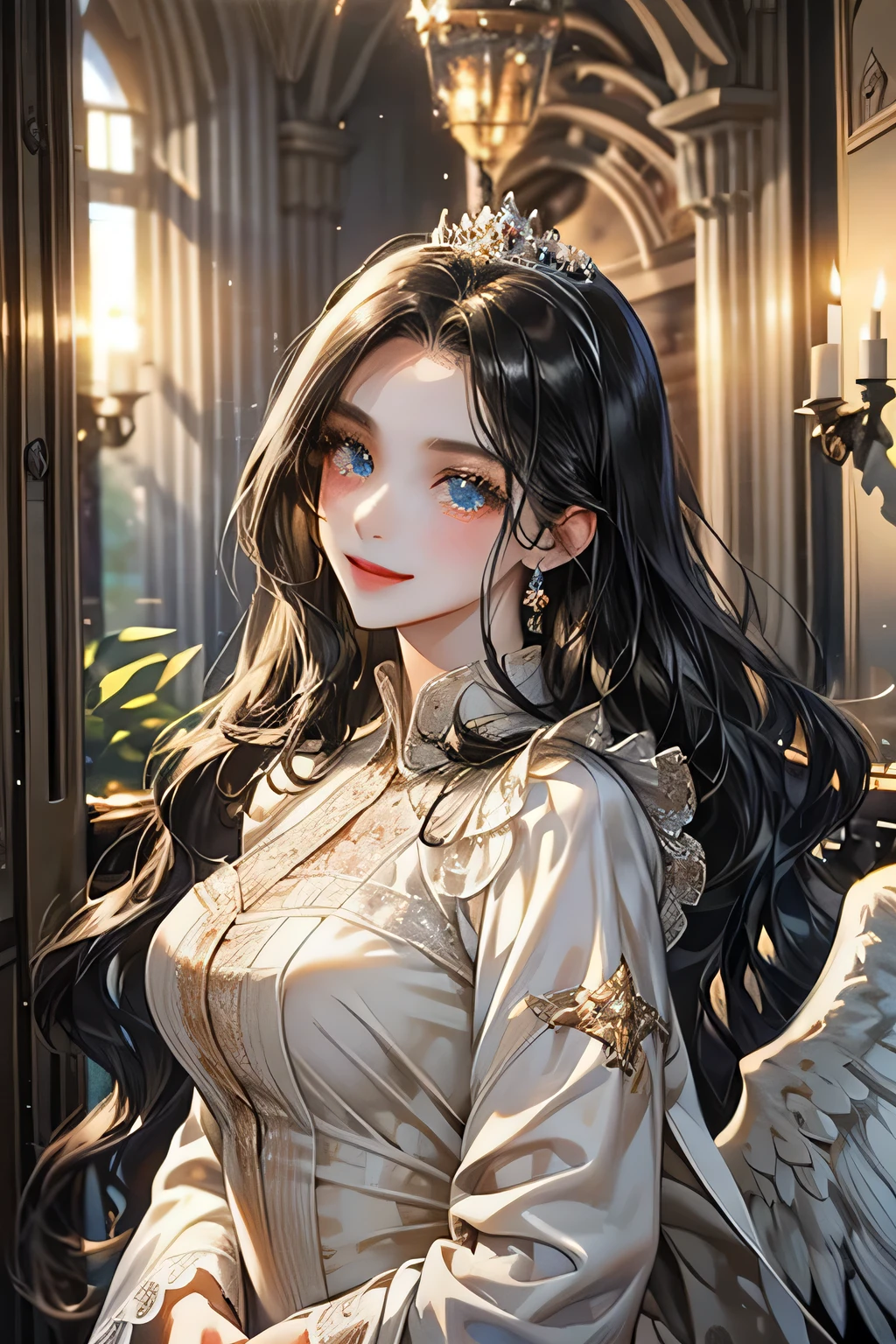 1Female, Long wavy black hair,gentle look, smile and charming, angel wings, white lace gown, princess thick gown, standing in middle hallway palace, full body, royal palace, fair skin, perfect eyes, detailed faces and body, accurate, masterpiece