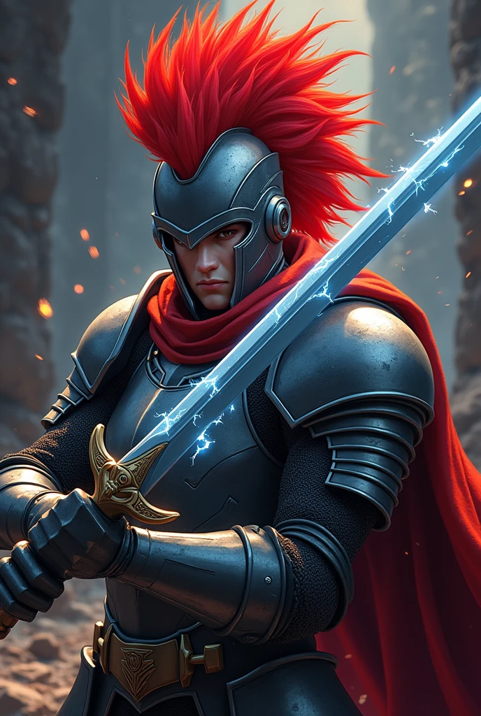 A knight with a red mane like a mohawk in a closed helmet and a medium sword with the ability of dark matter, anime version 