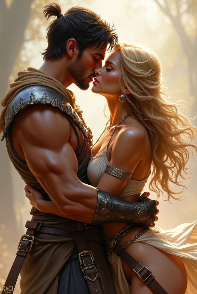 Make this  handsome warrior with dark brown medium short hair, brown warm eyes, sharp chin, muscular, caramel skin on to be kissed by a beautiful woman with golden hair to her sholder and blue eyes, dressed as a warrior, who jumps into his arms and kisses him passionately