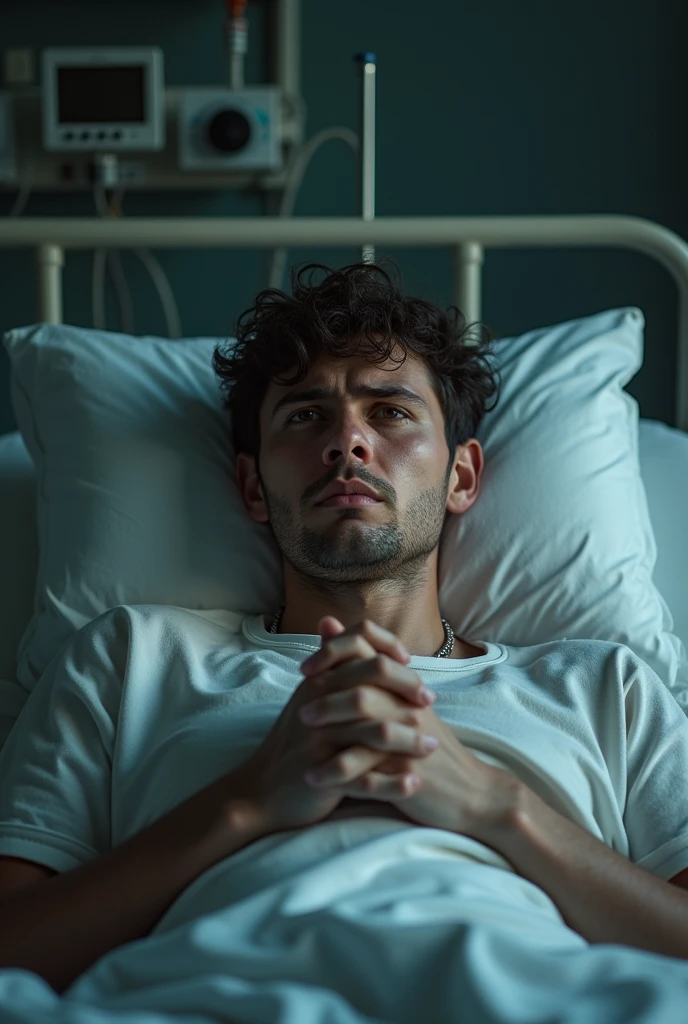 UN JEUNE HOMME DE SUR LE LIT D’Hopital QUI PLEUR ET QUI PRIE Jesus