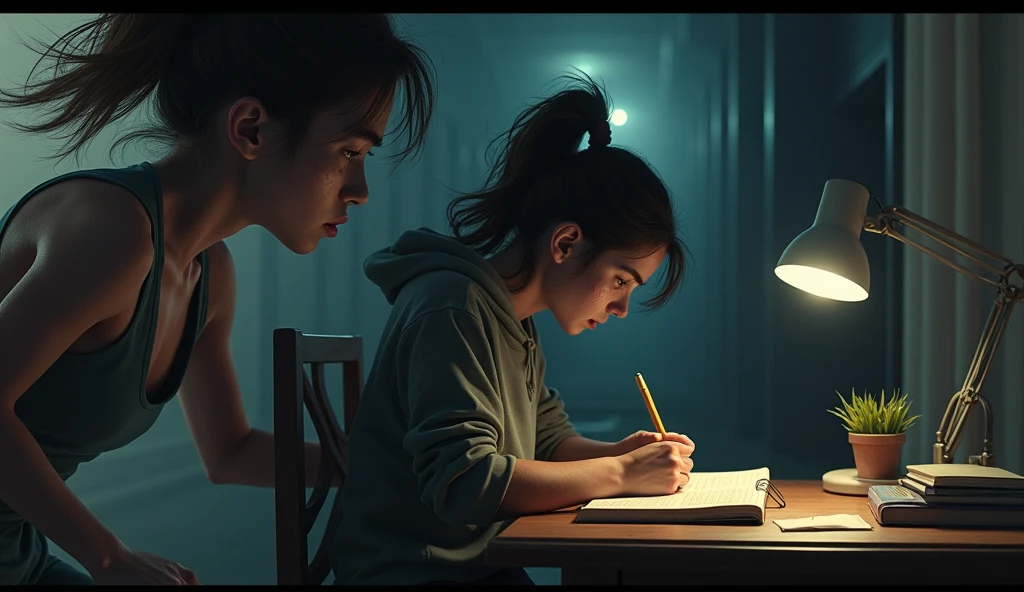 Create a realistic image where : A collage of scenes: someone awake at night at a desk with a single lamp, tears falling on a journal, sweat dripping off a runner’s face, all leading toward a distant goal.