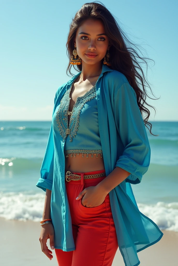 curvy thick Indian young beautiful 18years Indian teen, slim body, nice curves, cotton fabric Indian blue kurti, indian kurti, cotton tight red leggings, outdoor, COOL WEATHER, standing near beach, seaside, photorealistic, lusty smile on face, flirting face, big boobs, five_fingers, infulencer, model ,