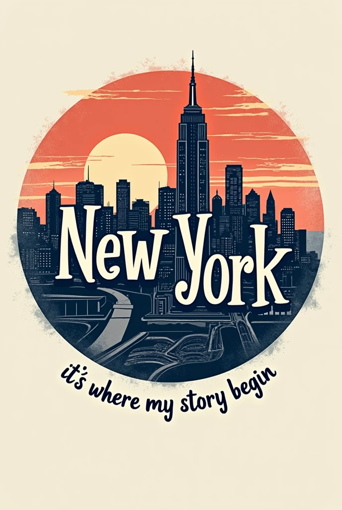 Show me a design for t shirt. Firstable big name new york and circle in the new york map. The under line 'It's Where My Story Began' ready for best t shirt making.
