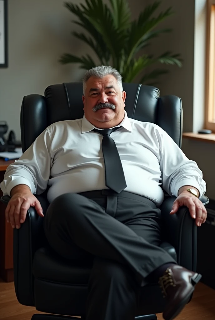 Hyper-realistic very attractive mature muscular handsome hunk white man, chubby, fat, big belly, chunky, beefy, gentle and malicious smirk, thick legs, huge calves, sitting, full body, at office, grey very short hair, well designed grey mustache, hyper-detailed background, cinematic, uhd, 8k, high resolution, perfect result, best quality, detailed work, wearing a black pants, a white shirt, a tie
