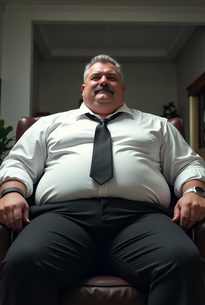 Hyper-realistic very attractive mature muscular handsome hunk white man, chubby, fat, big belly, chunky, beefy, gentle and malicious smirk, thick legs, huge calves, sitting, full body, at office, grey very short hair, well designed grey mustache, hyper-detailed background, cinematic, uhd, 8k, high resolution, perfect result, best quality, detailed work, wearing a black pants, a white shirt, a tie