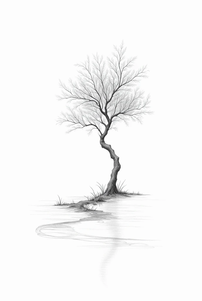 Generate a small tree fluroshing next to a river in line art