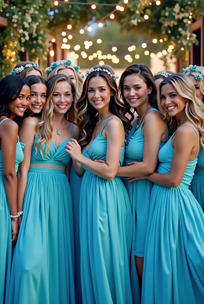 many girls in blue dresses, posing for photos, Happy birthday
