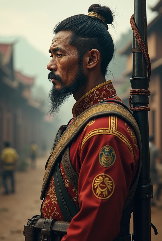 Generate a burmese soldier like မဟာဗန္နုလ from 1886. Make it original burmese. No southeast Asia. Burmese Myanmar. His side face . It's BURMESE soldier from 1800