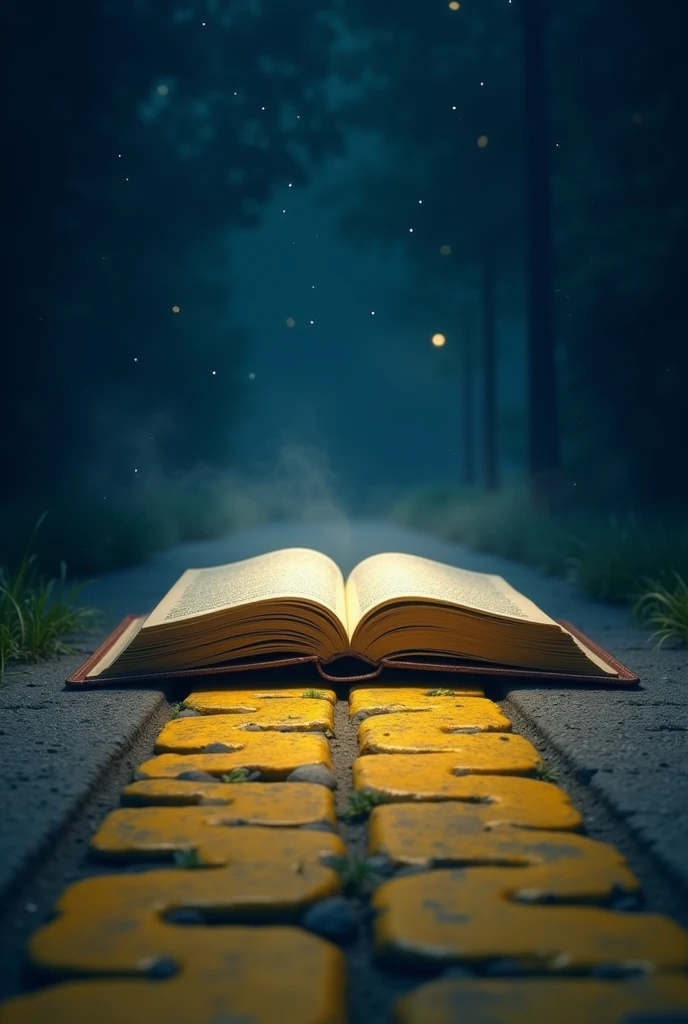 an open book on top of a yellow brick road on a dark blue night without much information on the side