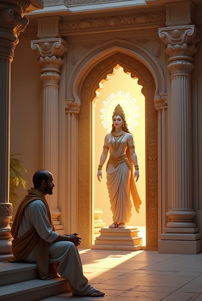 Create a image of a man sitting near goddess laxmi near house gate and thinking something