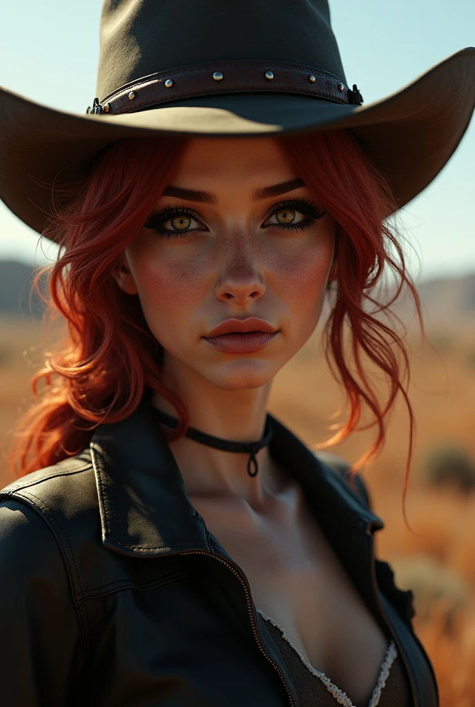 Make me a picture, no painel de read death redemption 2: red haired woman, white, eyes black, cowboy hat on head, eyes with black eyeliner