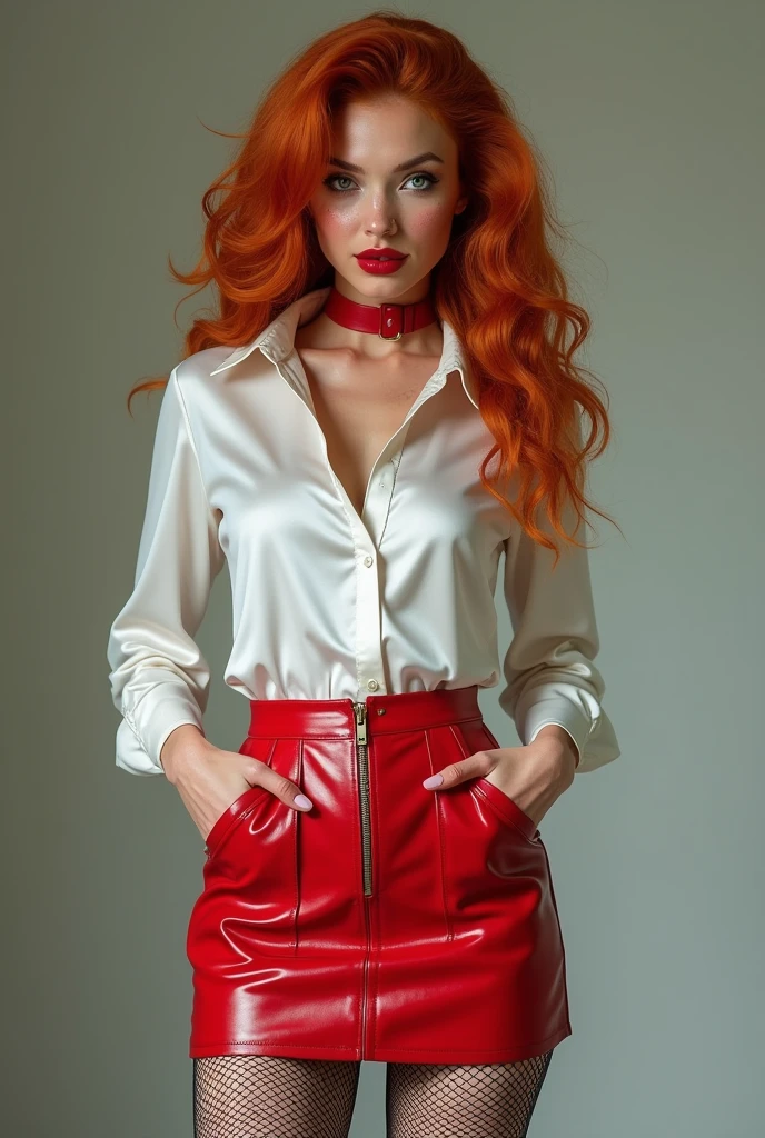 20 year old tall cute fit curly freckled copper redhead with red fleshy lips and large emerald-green eyes, in a glossy white satin shirt, extremely short tight belted red leather microskirt with frontal zip and pockets and high waist, black thigh-high fishnet stockings, red high heel shoes, wearing a tightly set red leather neckband, standing in full height, with long legs set wide apart.