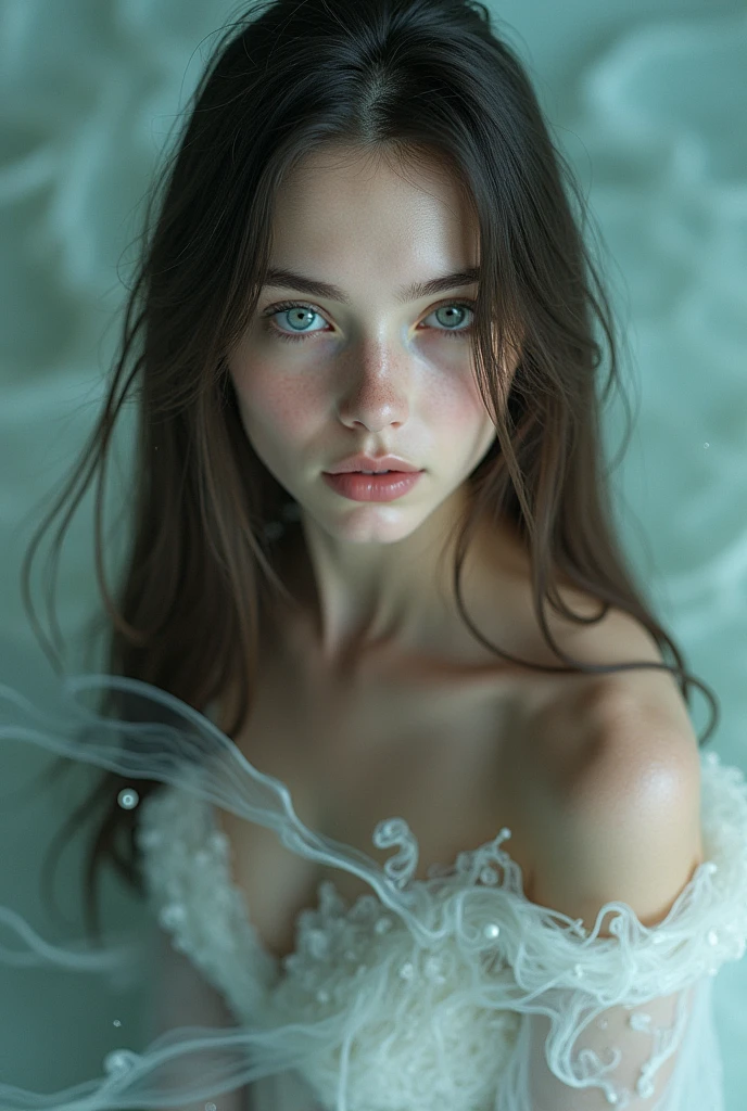 Editorial photography,Super detailed background,super realistic,double exposure,depth of field,beauty super slim skinny fluids,soft focus tone,Narrative scene,acrylic paint,,full body shot,from below,Wabi-sabi,very long straight brunette hair, portrait facing the camera close up, grey blue eyes, Asian from Kyoto