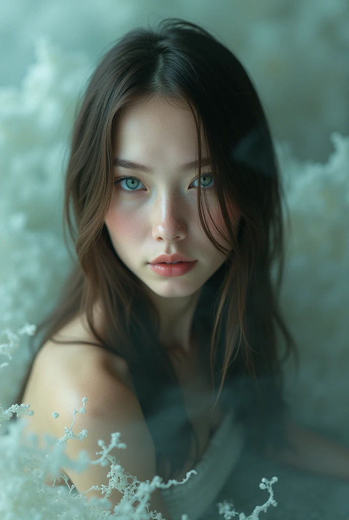 Editorial photography,Super detailed background,super realistic,double exposure,depth of field,beauty super slim skinny fluids,soft focus tone,Narrative scene,acrylic paint,,full body shot,from below,Wabi-sabi,very long straight brunette hair, portrait facing the camera close up, grey blue eyes, Asian from Kyoto