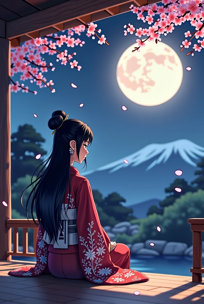 Animated version of a woman with long black hair tied up in a kimono sitting on a veranda on a full moon night.