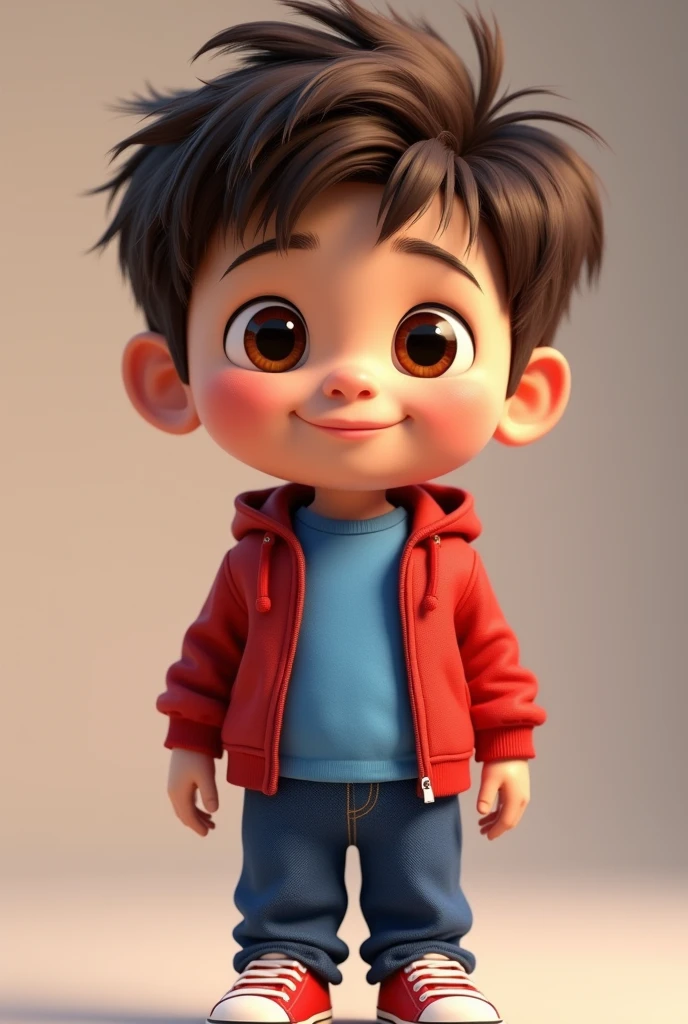 Close up of a boy, 9 anos, fully body, fluffly, Pixar Disney 3D style, eyes browns, brownhair, Messed up, short haircut, hair with little volume, wearing a red jacket, and a blue t shirt underneath, blue pants, Red sneakers, simple background, with nothing. Perfect Anatomia.