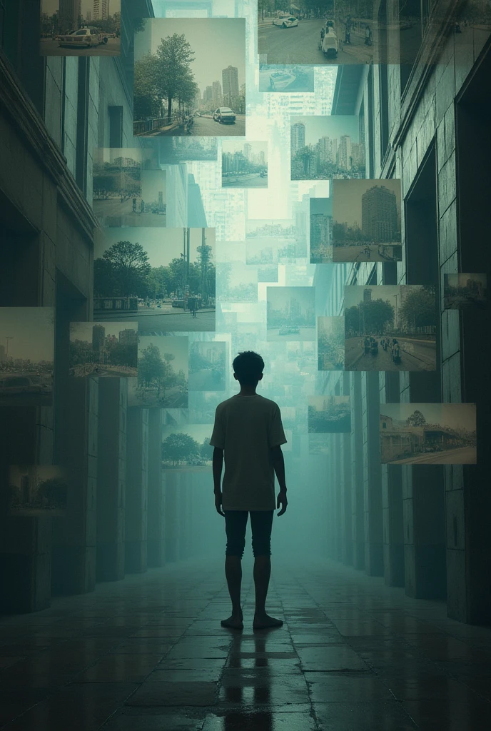 Show a character standing in a room with walls covered in overlapping, semi-transparent photographs of different places and times, capturing the feeling of familiar but fragmented memories.
