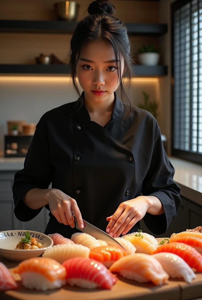 Sushi chef girl dressed in black with light eyes standing behind the bar preparing dishes