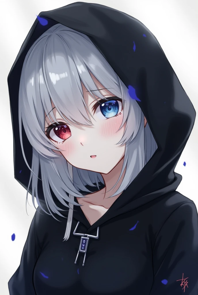 High resolution, Shortcuts, Silver Hair, Odd Eye, Simple Background,  Anime Style, blue eyes, Red eyes, Hood worn, I want to cry, 