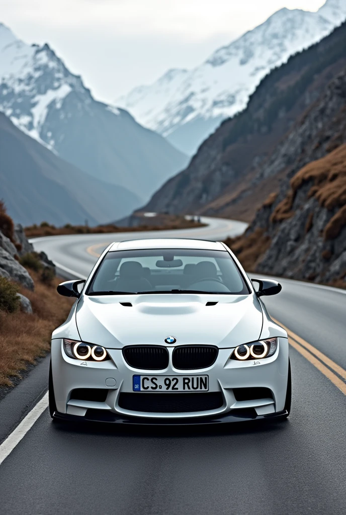 a portrait with a BMW M3 E92white on Transfăgărășan and registration numbers CS 92 RUN