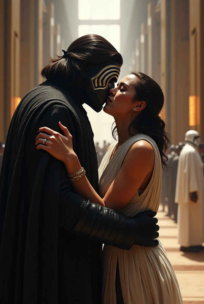 Unmasked Kylo Ren and Rey kissing in an Imperial meeting hall. King dresses in white.