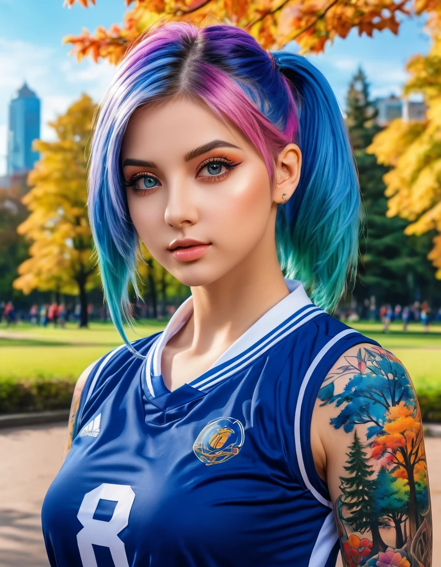 1girl, masterpiece, 8k, high quality, very detailed, beautiful face, detailed eyes, tattoo on neck, blue sport uniform, city park background, medium breast, multicolored hair, outdoors, colorful trees, ImgFixerPre0.3