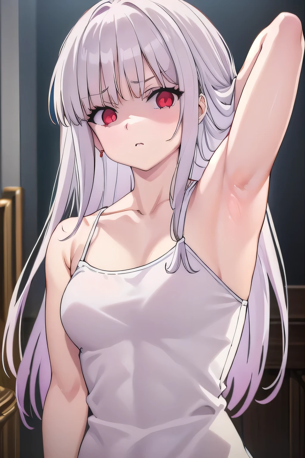 masterpiece, best quality, ultra-high-detailed, disgusted face, white hair, red eyes, sigtuna julie , few medium breast, arm behind head, left arm, fit body , bare shoulder, Collarbone , armpit crease , looking to viewer, near shot, focus to armpit, mirroring, front shot, upper body, showing armpit , unpleasure, disdaining , furious , striking red eyes, muscular, croptop, tanktop, 