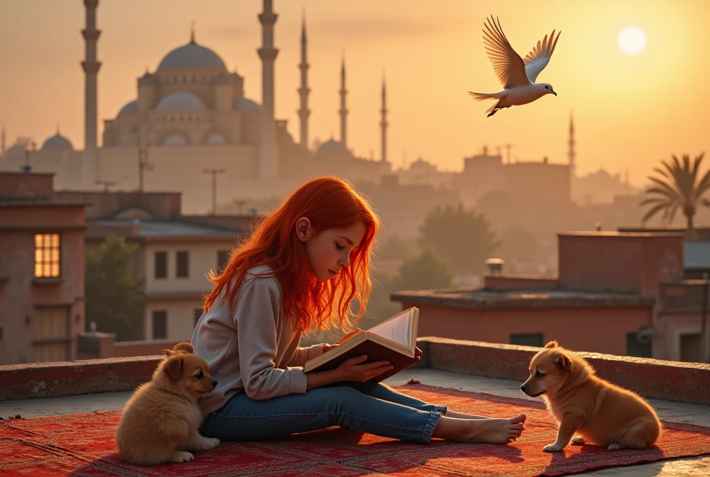 Une photo d'une  jeune fille  aux cheveux de feu avec son petit chien  , une image réaliste, plus précise. Elle lit un livre sur le toit de la maison et allongée sur un tapis marocain, vêtue d'un jean et ses pieds sont nus son frère  assis à coté d'elle . Il y a des maisons et La mosquée de Hassan II est lointaine, fenêtres éclairées, coucher de soleil et brouillard dans le ciel, comme un tableau de l'artiste Léonard de Vinci, résolution 4K, 8K. La scène est proche de la jeune fille, il y a une colombe dans le ciel et dessus. le mur de la maison.