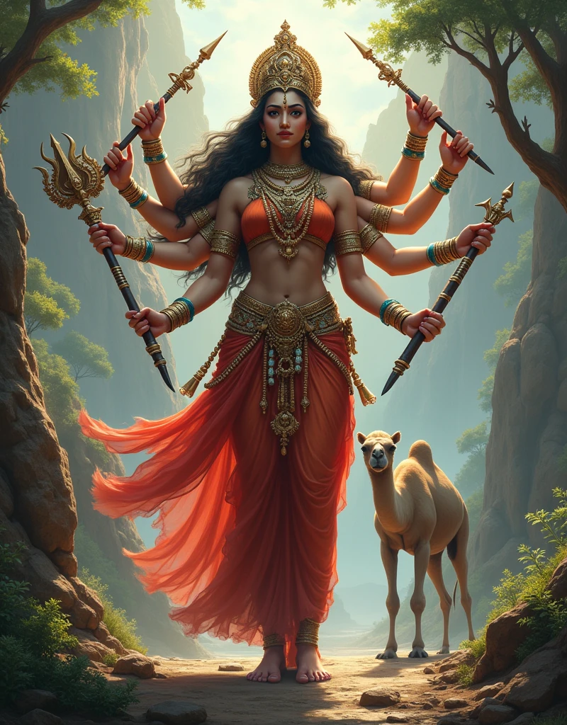 Hindu God Maa durga setting camel and nature Beautiful Background 