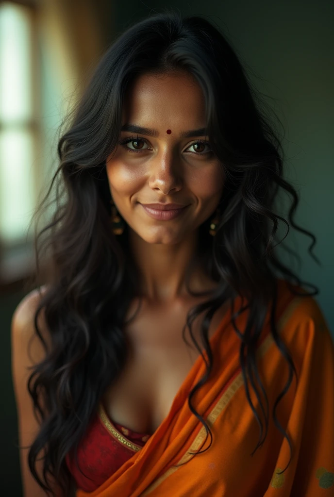 closeup portrait, Surreal, amazing quality, masterpiece, best quality, awesome, inspiring, a light smiling amused indian woman with long hair, wearing saree, big boobs, cleavage showing. cinematic composition, soft shadows, 
atmospheric haze, Film grain, cinematic film still, shallow depth of field, highly detailed, high budget, cinemascope, moody, epic, OverallDetail, 2000s vintage RAW photo, photorealistic, candid camera, color graded cinematic, atmospheric lighting, imperfections, natural, shallow dof